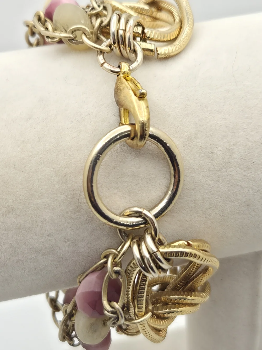 Vintage Multi-Strand Statement Bracelet Gold Tone Chunky Link Pink Cream Glass